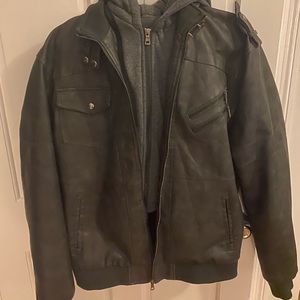 Black Faux Leather Men’s Jacket with removable hood